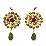 Gold Metal Flower Shape Dangle Earrings with Olive, Orange, And Purple Faceted Stones