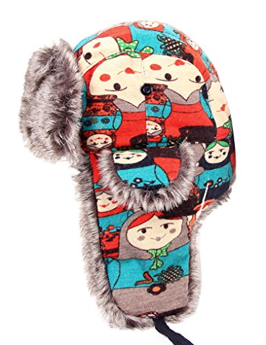 Jollychic Women's Cartoon Printed Faux Fur Thick Warm Winter Trapper Ski Hat One Size Blue