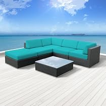 Big Sale Luxxella Outdoor Patio Wicker Beruni Turquoise Sofa Sectional Furniture 6pc All Weather Couch Set