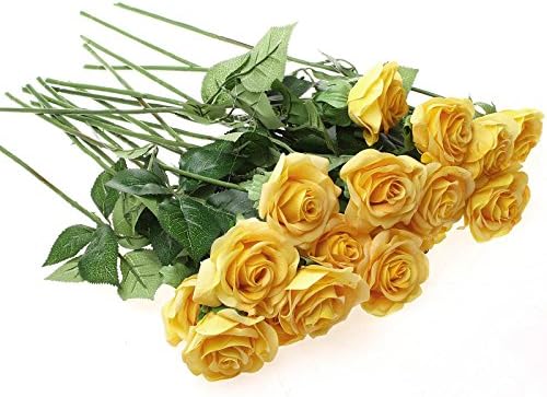 High Quality Latex Silk Real Touch Artificital Rose Bouquet 10pcs for Wedding Brides Bridal Hydrangea Party Home Decor Flowers (yellow rose)