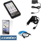 Black Durable Rubber Soft Silicone Skin Cover Case + Rapid Car Charger + Home Travel Charger + Clear Durable Reusable LCD Screen Protector + USB Data Cable for Verizon Samsung I900 I910 Omnia Smartphone