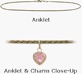 14 Karat Yellow Gold 10 Solid Rope Style Pink Stone Heart Charm Anklet
