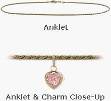 14 Karat Yellow Gold 10 Solid Rope Style Pink Stone Heart Charm Anklet