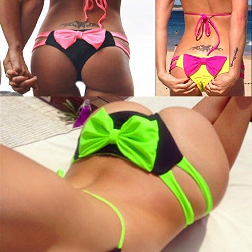Fashion Summer Brazilian Bowknot Cheeky Bikini Bottom Swimwear Bathing Thong New Size L (Black+ Green Bowknot)
