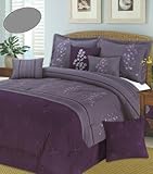 IMAGE OF 8 Pc Plum / Purple Leaves Embroidered Comforter Set, Queen Size