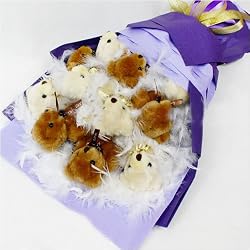 Forever Love Flower Bouquet of Dolls, 11 Teddy Bears in Purple Veil