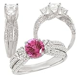 18k White gold trellis 3-stone engagement ring with round 6.5mm Chatham pink sapphire color #150 center 18k White gold trellis 3-stone engagement ring with round 6.5mm Chatham pink sapphire color #150 center