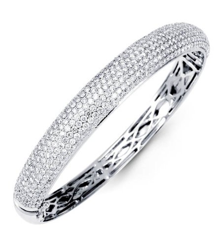 Solid 18K White Gold Bangle Pave Round Diamond 