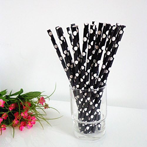 50 PACK: RediGreen White Polka Dots on Black Biodegradable Paper Straws
