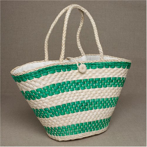Roomy Straw Green Striped Beach Bag