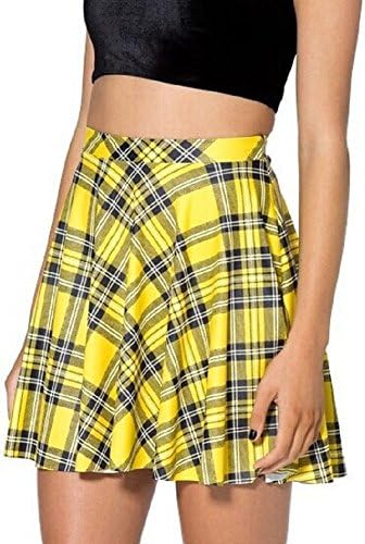 Longyang Women Plaid Skirts Falared Pleated Skater Miniskirt Dress Yellow L