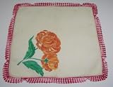 Vintage Ladies Linen Handkerchief With Orange Painted Flowers and Pink Crochet Edging