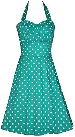 Vintage Style Empire 1950s Retro Pleated Polka Dot Dress (Emerald Green, Large)