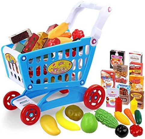 Children Shopping Cart Toys with Vegetable and Fruits Girls Boys Educational Playset Role Play Pretend Food for Baby Kids (22 Piece)