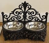 Small Cast Iron Dog or Cat Bowl Holder & 2 Stainless Steel Bowls