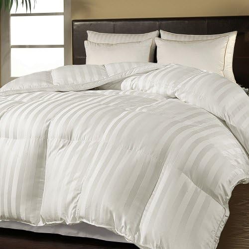Queen Size Super Luxurious White Damask Stripe 1200 Thread Count Siberian Goose Down Comforter, Baffle Box Design, 100 Percent Egyptian Cotton, 1200 TC, 750FP, 60Oz, White Damask Stripe Style