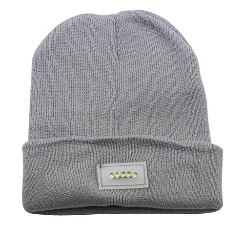 Minalo Ultra Bright 5 LED Beanie Cap/Hat Hands Free Unisex Lighted Stocking Cap 12000mcd of Perfect Hands Free Flashlight For Hunting Camping, Grilling, Jogging, Handyman Working (Grey)