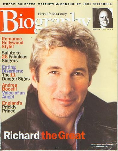Biography Magazine February 2002 - Richard Gere, Andrea Bocelli, Philip of England, Marg Helgenberger, John Steinbeck