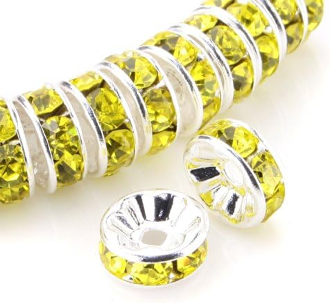 RUBYCA 100pcs 8mm Round Rondelle Spacer Beads Silver Tone Lemon Yellow Czech Crystal for Bracelet Necklace Jewelry Making