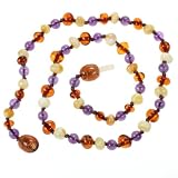 Genuine Baltic Amber and Natural Amethyst Teething Necklace for Baby - Butterscotch and Cognac Amber and Amethyst