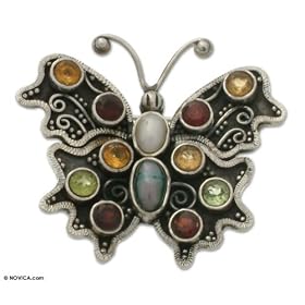 Pearl and citrine brooch, 'Butterfly Glory' 1.6 W 1.4 L by NOVICA