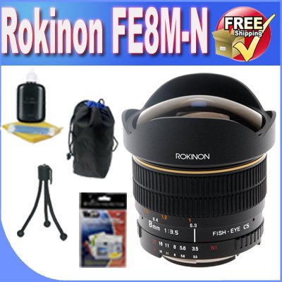 Rokinon 8mm Ultra Wide F/3.5 Fisheye Lens with Auto Aperture and Auto Exposure Chip AE8M-N + Lens Pouch +Lens Accessory Package