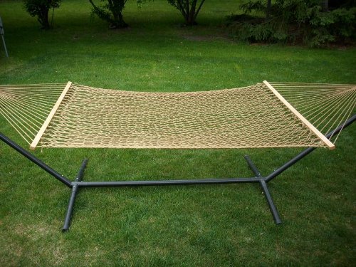 Deluxe Extra Large 2 Person Brown Rope Hammock Set 100% Soft Cotton Rope with 15 Foot Long Iron Stand