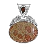 Sterling Silver Fossilized Coral & Garnet Pendant by Sajen