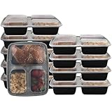 Pakkon 3 Compartment Bento Box / Durable Plastic Lunch Container with Airtight Lid  Use For 21 Day Fix, Meal Prep and Portion Control  Lunch Box For Kids and Adults [10 pack]