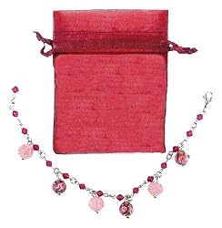 Bracelet - B277 - Lampwork, Fire Polished Glass and Swarovski (tm) Crystal Beads - Adjustable to Fit + Matching Organza Bag ~ Pink & Fuchsia