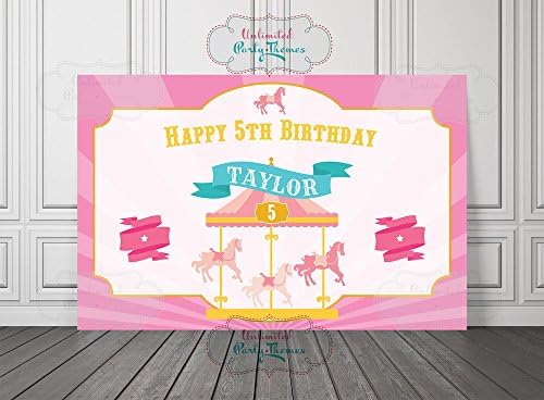Personalized Pink Carousel First Birthday Banner | Vinyl Pink Carousel Birthday Backdrop