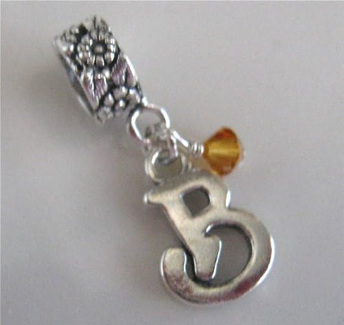 Initial B, Silver, Topaz Crystal November Birthstone, Charm, Dangle Bead, European