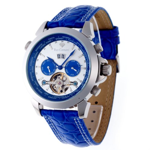 Yves Camani Herren-Armbanduhr XL Worldtimer Silber/Blau Analog Automatik Leder YC1029-H Preisvergleich