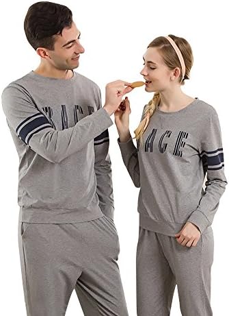 Galifer Long Sleeve Fashion Cotton Cozy Pj Matching Couples Pajamas Sets Grey Medium