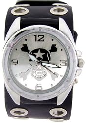 Skull Star Cross Silver Wide Black Leather Band Circle Trendy Design Steel Black Dial Gothic Punk Biker Pirate Wristband Watch