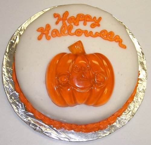 Raspberry Decorated Cake Single Layer 8 Round Topped with Gummie Pumpkin Orange Trim by Scott's Cakes