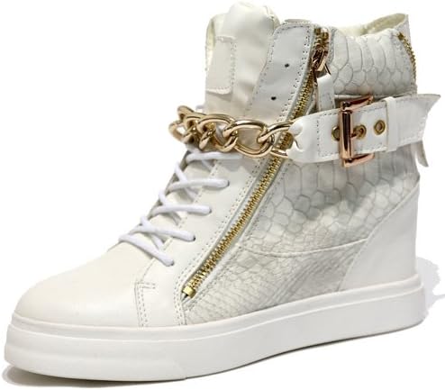 Women's Gold Metal Chain Strap White Wedge High Top Sneakers Ankle Boots (7 B(M) US)