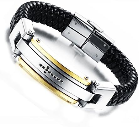 Unistyle Fashion Handmade Vintage Jewelry Mens Stainless Steel Genuine Leather Cool Woven Bangle Bracelets Unique Personalized Charm Braided Rhinestone Cross Cuff Bracelet Bangles Designs Silver Gold Black