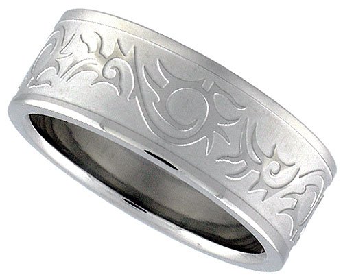 Surgical Steel 5/16 (8mm) Flat Band Ring with Tribal Pattern