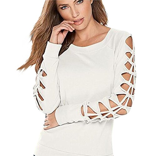 XILALU Fashion Womens Sexy Hollow Long Sleeve Casual Blouse Loose Tops T Shirt (L, White)