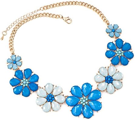 LuckyJewelry Fashion Statement Golden Chain Necklaces Flower Chunky Bubble Pendant For Women Girl Gifts (Blue &amp; White)