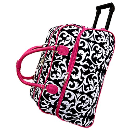 DAMASK WITH PINK TRIM ROLLING DUFFLE BAG & MATCHING MESSENGER TRAVEL SLING