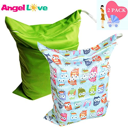 Cloth Diaper Wet and Dry Bags (Pack of 2), Angel Love Baby 2PCS Waterproof Washable Reusable Wet Bag with Two Zippered Pockets - Beach, Pool, Gym Bag for Swimsuits or Wet Clothes L0125