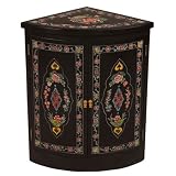 EXP Handmade Asian Furniture - 28" Black Lacquer Wood Corner Cabinet With Painted Floral Design