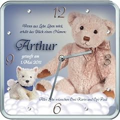 Taufgeschenk: Kinderuhr / Geburtsuhr / Taufuhr viereckig mit Teddy f�r Jungen - mit dem Namen Ihres Kindes und Ihrem Wunschtext