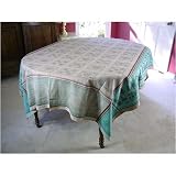 French Christmas Aqua Jacquard Weave Cottage Pines Alpine Snowflake 100 by 65 Tablecloth