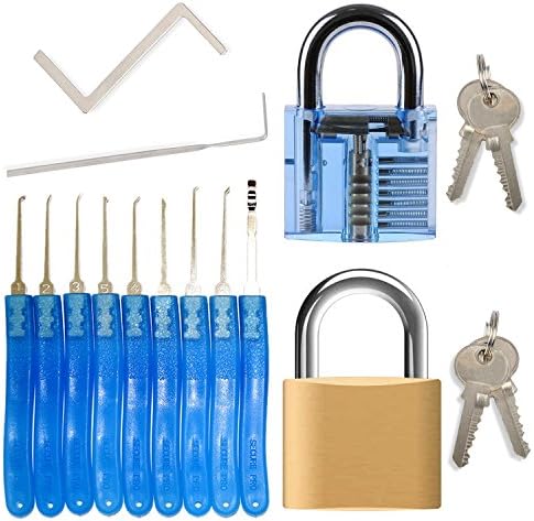Lock Pick Set for Beginners &amp; Professionals - 11 Piece Locksmith picking kit (9 Lock Picks &amp; 2 Tension Wrench tools) + 2 Padlocks (Transparent Practice Lock + Real padlock)