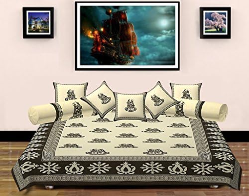 Metro Living Printed 120 TC Cotton Traditional Print Diwan Set Including 1 Flat Sheet 5 Cushion Covers &amp; 2 Bolster Cover( Set Of 8)