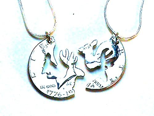 Hand Cut Us 50 Cent Coin with a Interlocking Buck and Doe, Includes 2 24 Inch Silvertone Chains