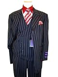 Tayion Collection Navy Blue With Powder Blue/Wine Pinstripes w/ Wine Hand-Pick Stitching Super 120's Extra Fine Wool Vested Wideleg Suit